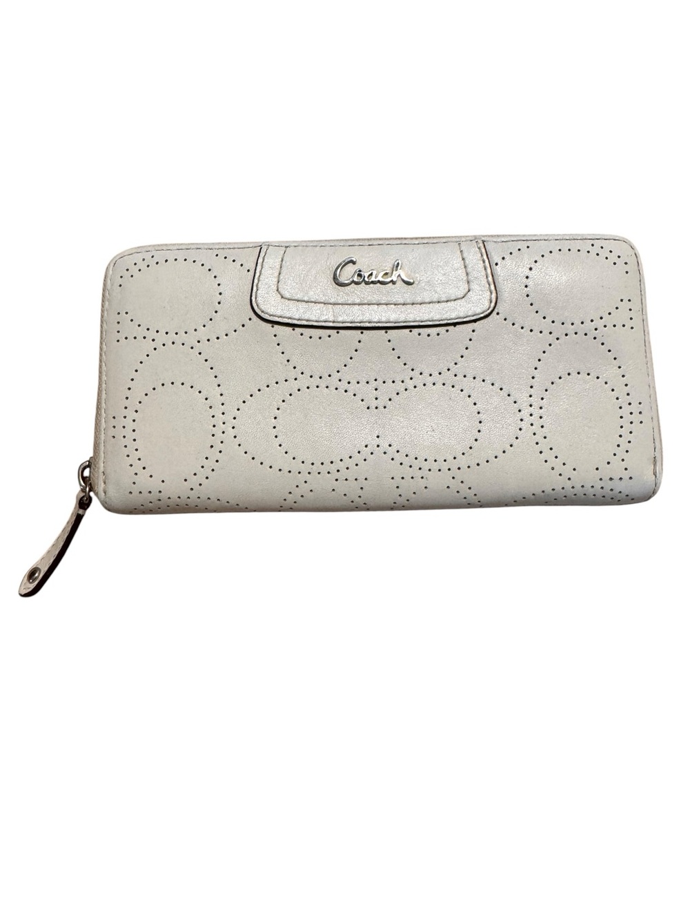 Coach Ashley Perforated Leather Zip Around Wallet Cream Ivory Signature C Logo